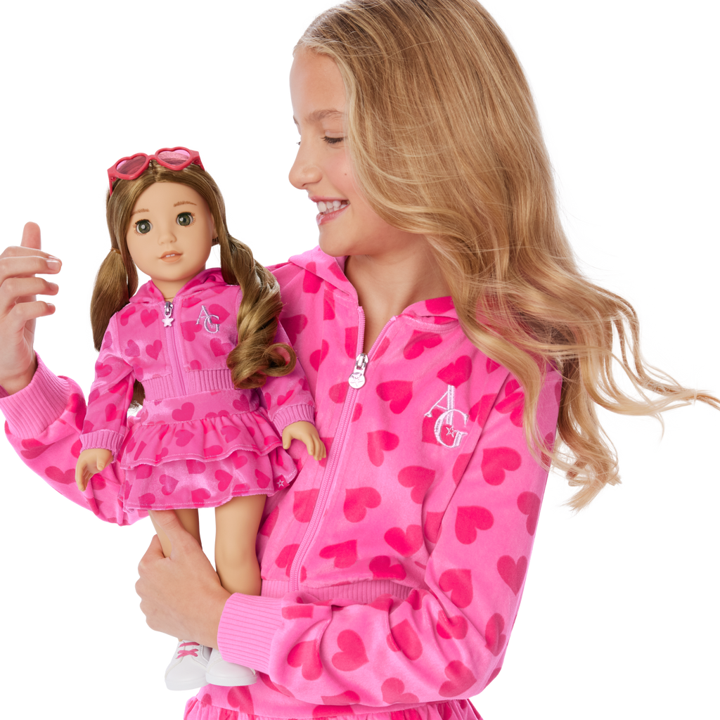 Pink Hearts Hoodie Dress for Girls & 18-inch Dolls
