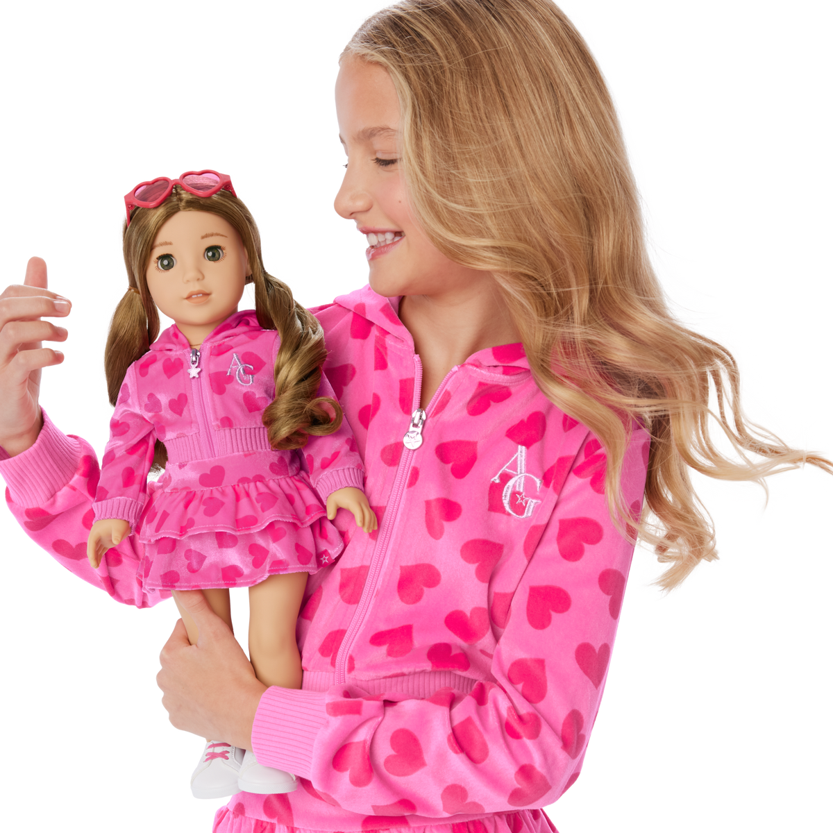 Pink Hearts Hoodie Dress for Girls & 18-inch Dolls